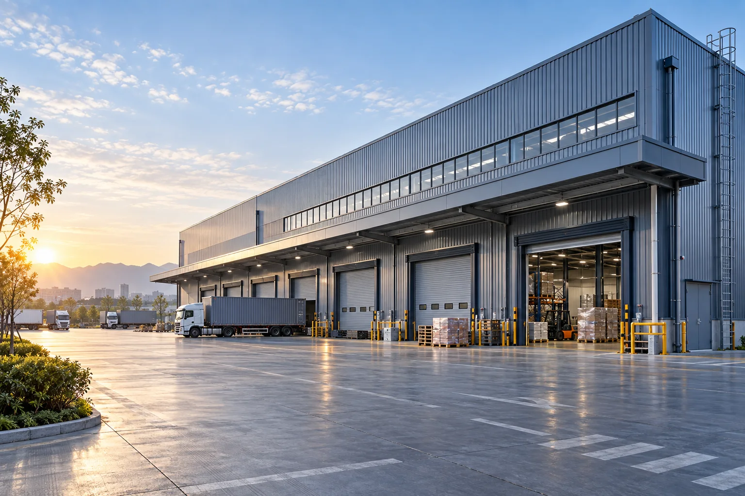 Metal cladding and doors installed on a logistics facility