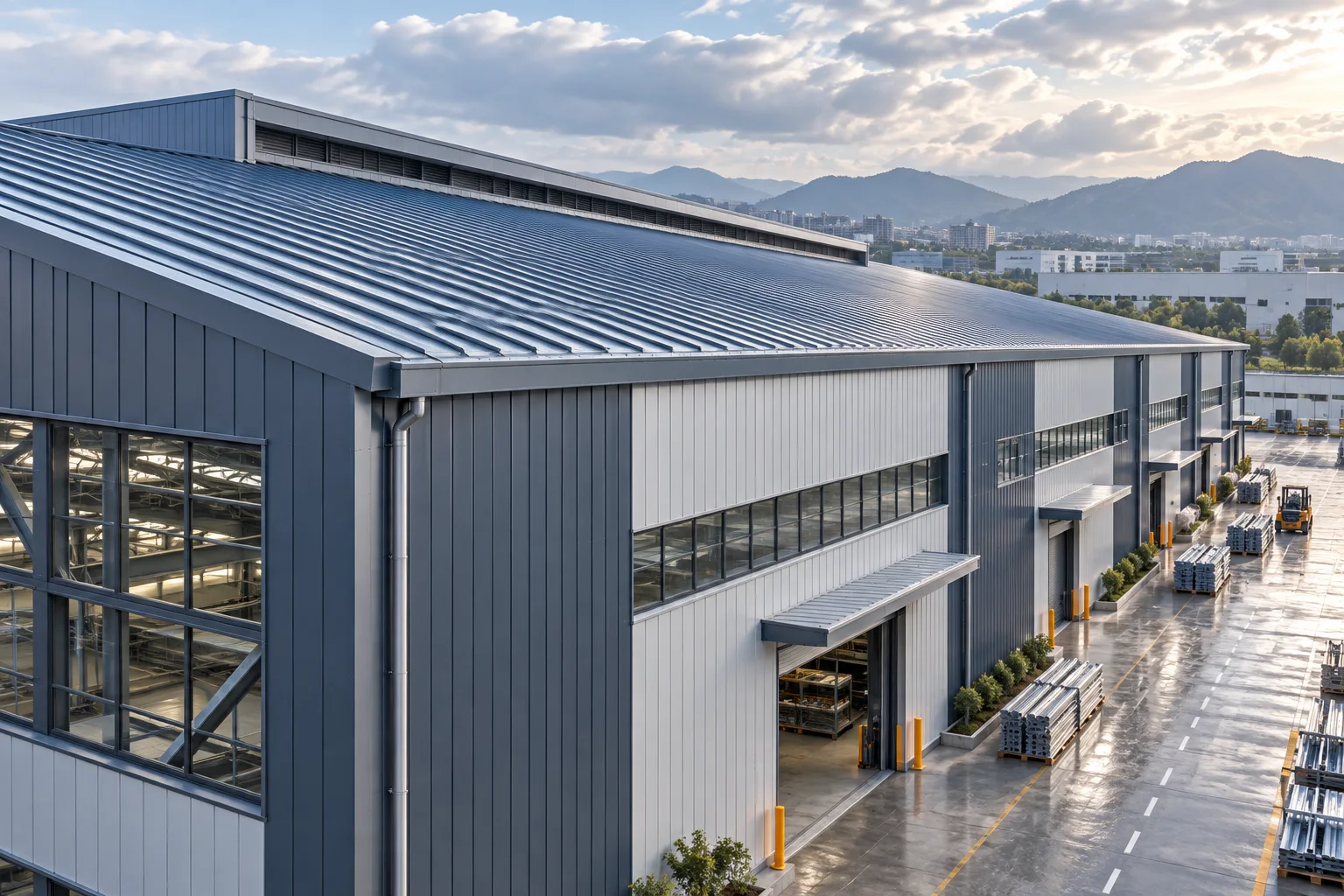 Metal roofing and facade system on an industrial building