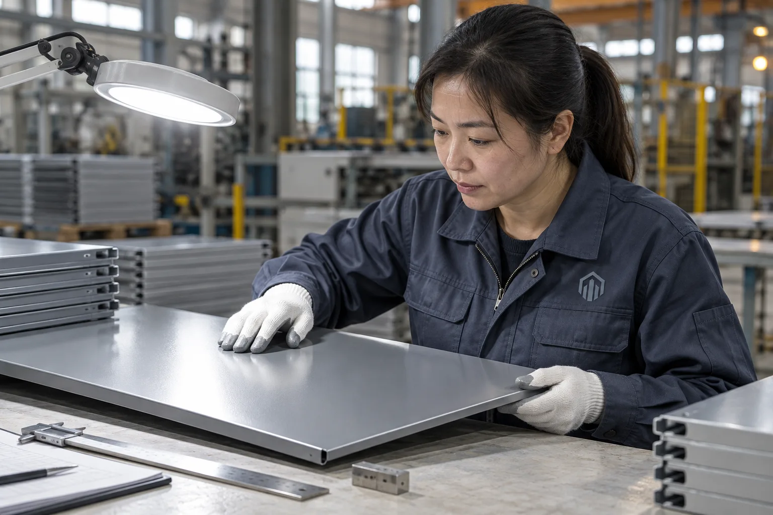 China Loong worker inspecting a coated metal panel