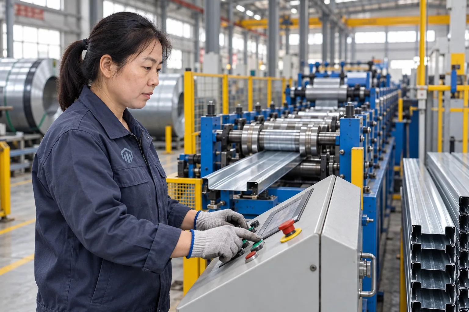China Loong production technician operating roll-forming equipment