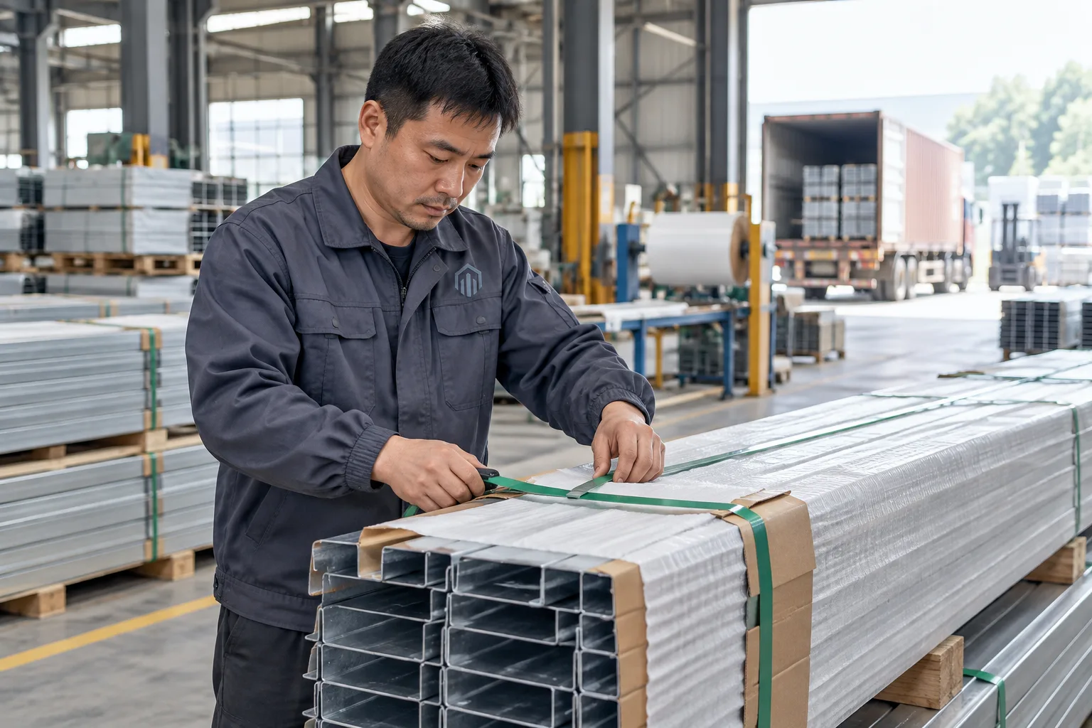 China Loong worker preparing metal profiles for shipment
