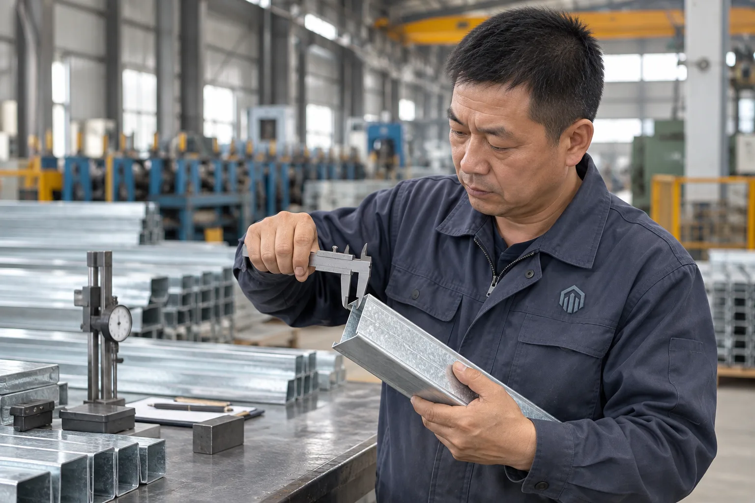 China Loong quality inspector measuring a steel profile
