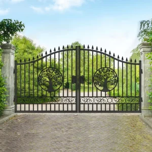 14FT Wrought Iron Dual Swing Driveway Gate Outdoor Automatic Electric Double Door Metal Security Garden Entrance Gate