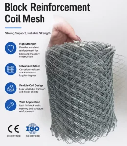 200mm Width Durable Water Resistant Galvanized Steel Block Reinforcement Coil Mesh for Wall and School Use