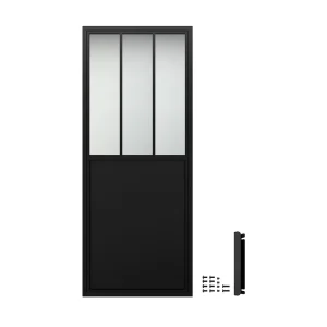 3Lites With Kick Board Modern Sliding Interior Steel Framed Glass Barn Doors for Houses Steel and Glass Loft Door