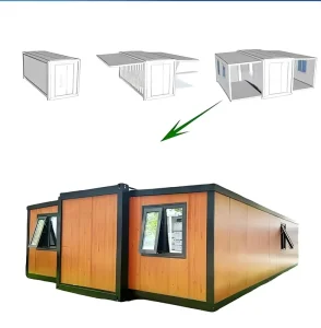 40ft Double Wing Expandable Container House Warm Teak Vertical Grain White Frame 3 Bedroom Prefab Resort Villa