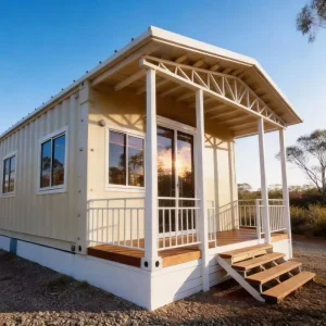 40ft Flat Roof Expandable Container House Front Porch Veranda 1 in 40HQ 74sqm 3 Bedroom Villa for Resort Family Living