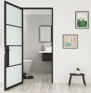 4Lites Loft Design Black Steel Glass Swing French Door With Privacy Lock Fluted Iron Framed Double Interior Door With Glass