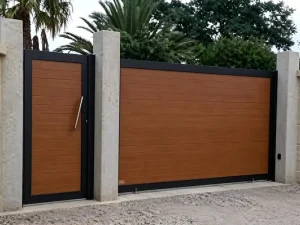 Aluminum Alloy Automatic Sliding Wood-Grain Driveway Gate for Villas, Apartments, Hotels, Courtyards, and Gardens