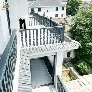 Aluminum alloy railings. Balcony guardrails. Aluminum metal outdoor staircase handrails and railings