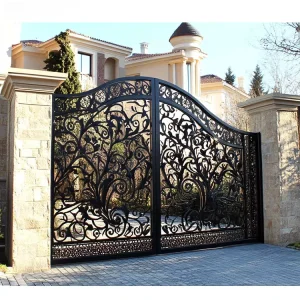 Black Double Swing Gate Ornamental Fence Pedestrian Wrought Iron Main Gate for Houses