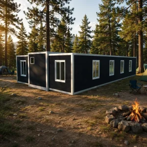 Black Expandable Prefab House Windproof Insulated Wall Anti-rust Metal Trim Multi Windows Forest Camping Base Accommodation