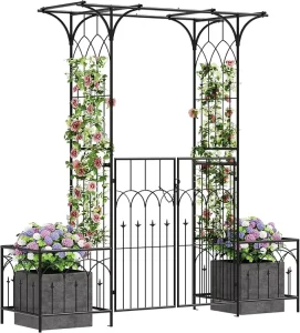 Black Power Coated Iron Outdoor Garden Pergola Arch Arbor Gate Wedding Decoration with Plant Box