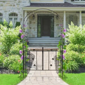 Cast Iron Garden Arch with Gate and Trellis PVC Coated 43.3×84.3 Inch for Climbing Plants Wedding Outdoor Lawn & Backyard