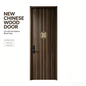 Chinese Wood Interior Doors With Circular Hui Pattern Vertical Gold Line for Villa Homestay Engineering Projects