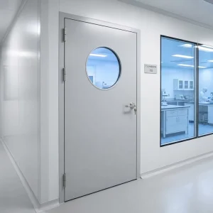 Commercial Metal Safety Steel Door Round View Glass Design Pressed Fireproof Steel Door for Hospital Laboratory Mall