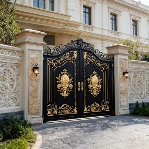 Custom Aluminum Villa Gate Ornate Black and Gold Automatic Sliding Entrance Gate European Style