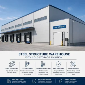 Custom Designed Modern Steel Structure Warehouse Storage Building with Cold Storage Room and Workshop Space 50 year Lifespan