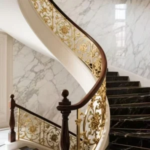 Custom Modern Luxury Villa Carved Stair Handrail Private Aluminum Alloy Gold Plating Powder Coated Water Resistant Balustrades