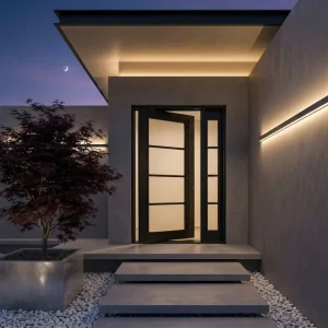 Custom Modern Matte Black Wrought Iron Pivot Entry Door Tempered Glass Horizontal Bar Design with Sidelight for Villa