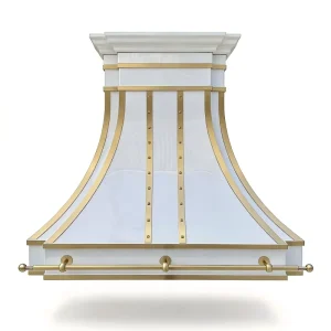 Custom Stainless Steel White Tapered Architectural Range Hood Wall Mount With Brass Pot Rail Insert Ready