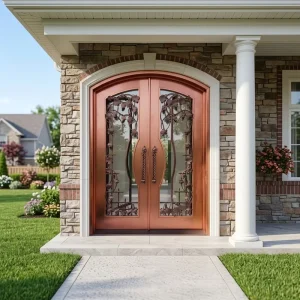 Customizable Modern Copper aluminum steel Double door Metal Entrance Door with Grille and Pre installed Security System