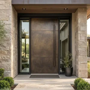 Distressed Antique Bronze Finish with Glass Panels on Both Sides Pivot Main Door Anti-theft Security