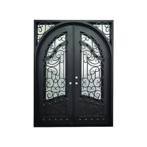 European Forged Wrought Iron Gate Retro Double Entry Metal Door with Glass for Villa Courtyard Custom Size