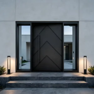 European Minimalist Black Geometric Pivot Entry Door Custom Made Metal Front Door With Sidelights for Private House