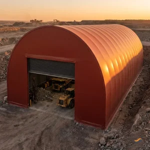 Explosion Proof Rated Industrial Oilfield Fabric Shelter A Frame Gable 60x150m Taupe PVC for Iron Ore Stockpile