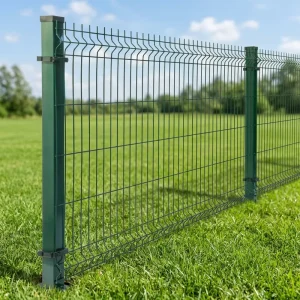 Forest Green 3D Welded Wire Mesh Fence Panel V Bend Design Color Matched Bracket Post Cap for Treeline Backdrop