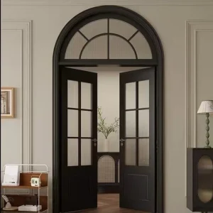 French Arched Glass Wooden Sliding Entrance Door for Villa Hospital Use Retro Bedroom Study Door