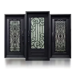 French-Style Twin Wrought Iron Exterior Entry Door with Glass Inserts, Hurricane-Impact and Fire-Resistant, Commercial Fiberglass