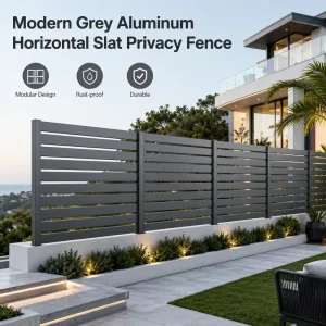 Grey Aluminum Horizontal Slat Privacy Fence Panels Modular Design Villa Residential Estate Barrier