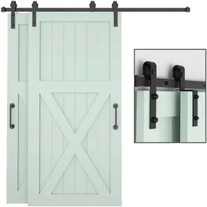 Heavy Duty Single Track Bypass Barn Door Hardware Kit 6.6ft Black Sliding Track for 2 Doors Smooth & Quiet Overlapping System