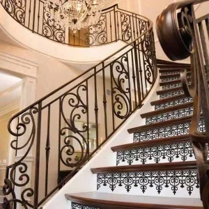 High End Villa Staircase Railing Custom Black Spray Paint Wrought Iron Balustrade for Curved Stairs