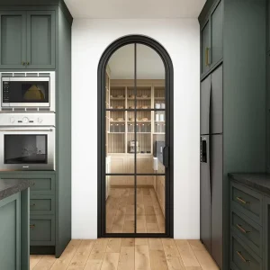 Hotian Custom Black Metal Frame Interior Round Top Glass Door for Sale