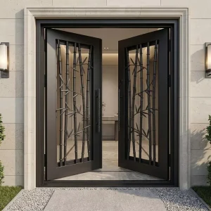 Hurricane Impact Fire Prevention Wrought Iron Door Entry Exterior Double Swing Decorative Glass Apartment Living Room