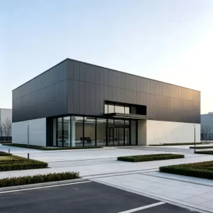 Iconic Steel Frame Showroom with Creative Lighting and Glass Design