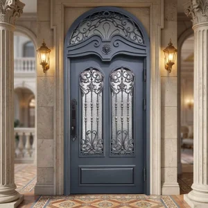 Industrial Grid Design Wrought Iron Gate Manual Push Pull Metal Security Door for Loft Apartment and Commercial Outdoor Passage