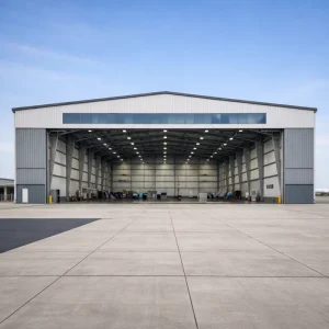 Industrial Large Span Steel Aircraft Hangar with 20+ Lb sq.ft Roof Load & 121+ Mph Wind Resistance Modern Design Warehouse Use