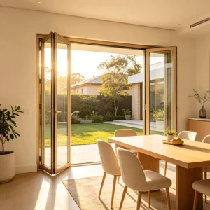 Living Room Folding Doors Aluminum Alloy Double Glass Stainless Steel Bifold Hardware Insulated Curtain Horizontal Opening UV
