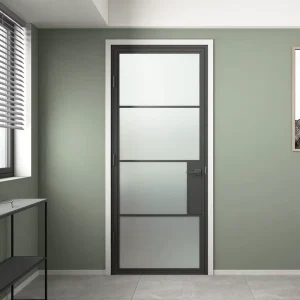 Loft Design 4Lites Black Steel Glass Swing French Door With Privacy Lock Fluted Iron Framed Double Interior Door With Glass