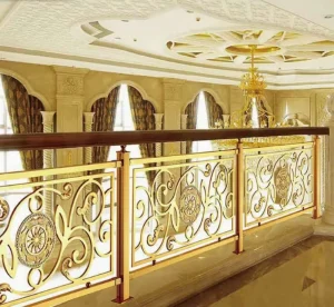 Luxury Gold Aluminum Pipe Staircase Railing Intricate Floral Pattern Rust Resistant for Villa Balcony Hotel Interior Decoration