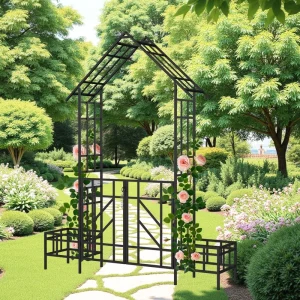 Metal Garden Arch with Gate for Climbing Plants Support Outdoor Black