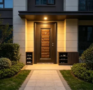 Minimalist Anti theft Walnut Color Steel Entry Gate for Contemporary Apartment Building