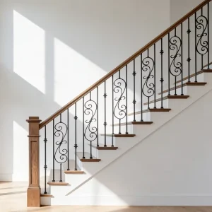 Modern 44″ S Scroll Iron Balusters 1 2″ Square Metal Stair Balusters Swivel Shoes for Balcony Safety Fence Powder