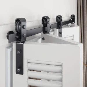 Modern Bi Folding Sliding Barn Door Hardware Kit Steel Flat Track Top Mount Roller 4 Doors Durable Screw Installation Soundproof