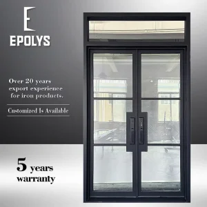 Modern Black Steel French Style Double Front Entry Door Top Transom Tempered Glass Sound Insulation Manual Opening for Home