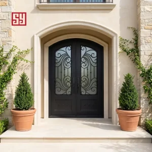 Modern French Swing Steel Wrought Iron Door for Commercial Exterior Front Entry Double Door with Window Grill